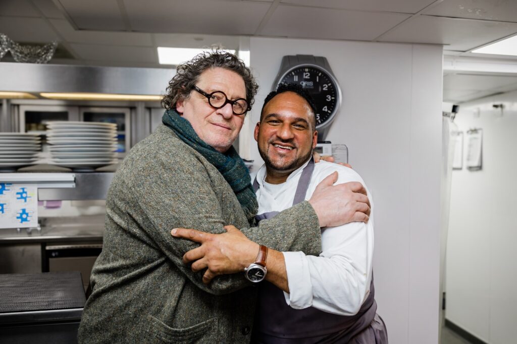 Marco Pierre White and Michael Caines in the kitchen at Lympstone Manor 2025