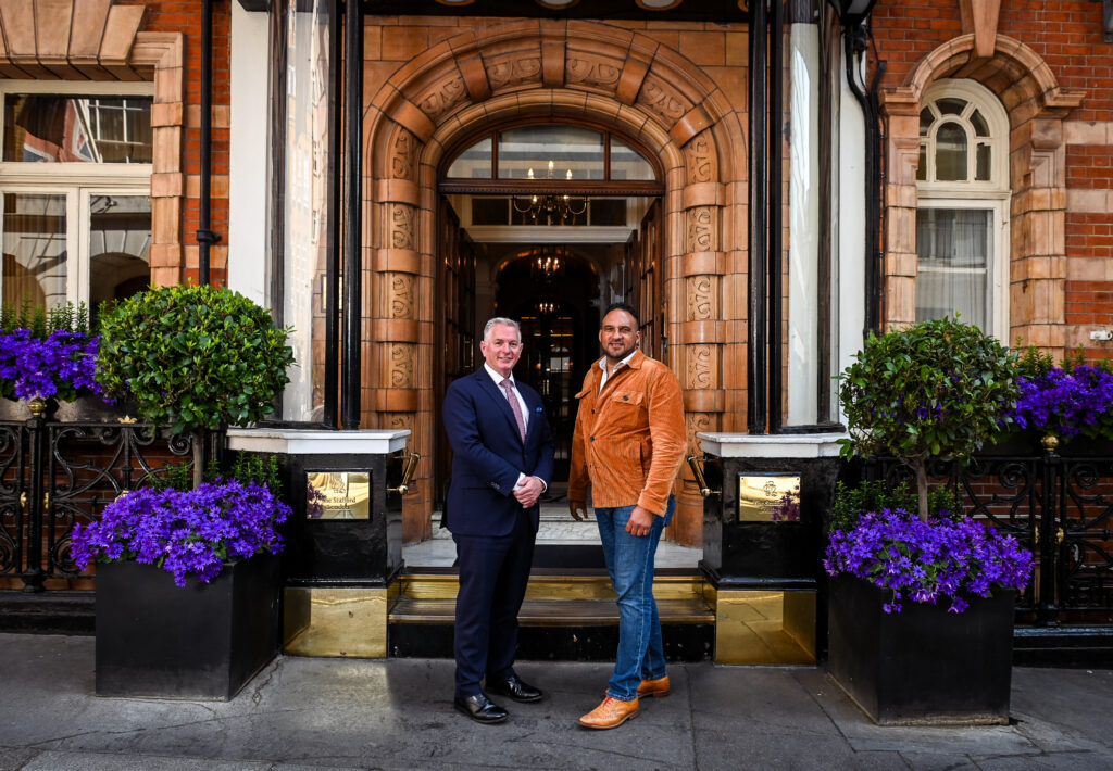 John McLean, Managing Director of the Stafford Collection and Chef Michael Caines MBE outside the Stafford Hotel