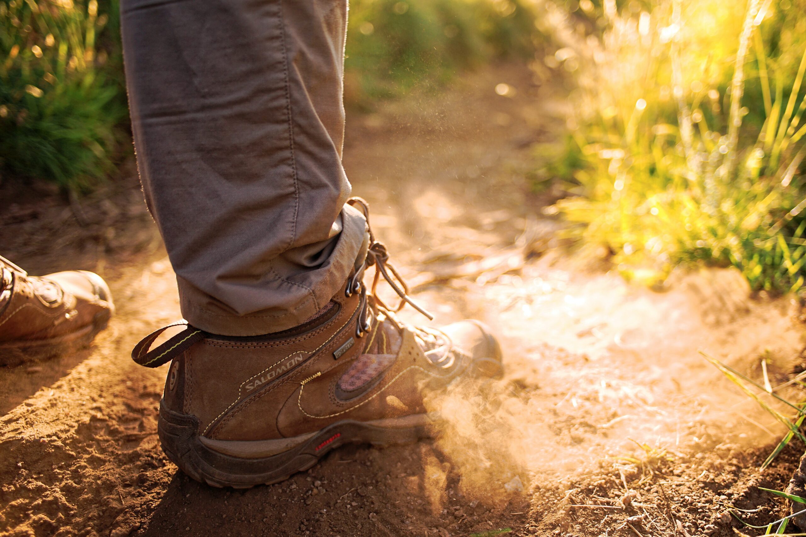 Hiking boot close-up on nature trail