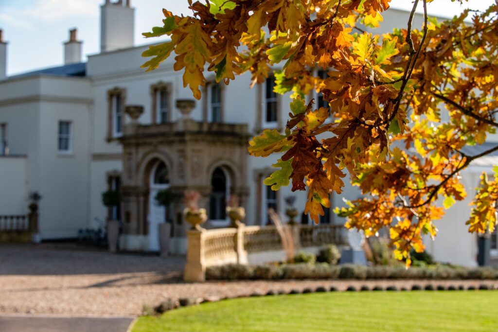 Lympstone Manor in the background with tree and autumn leaves in the foreground.