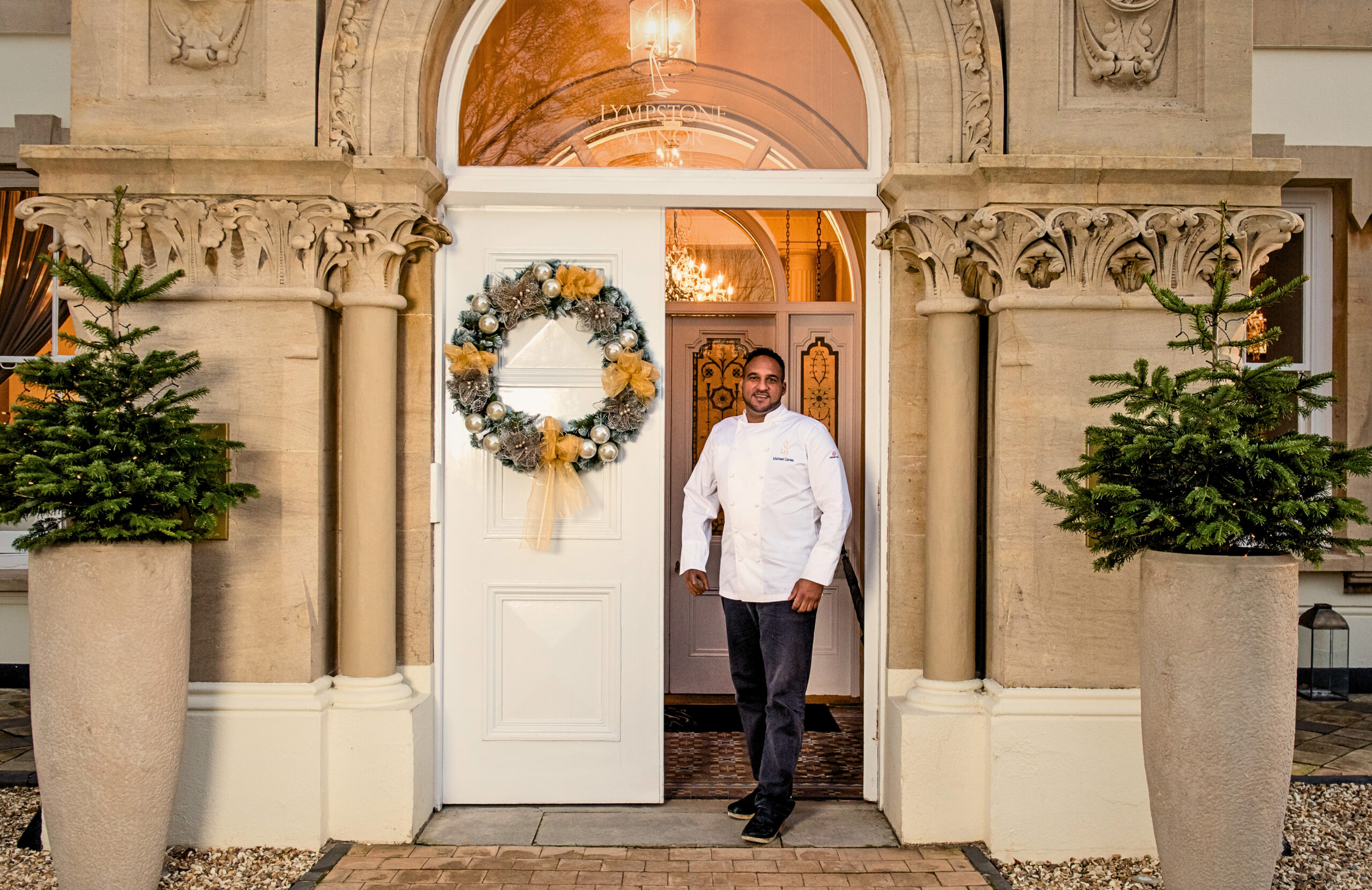 Michael Caines greeting guests at Lympstone Manor Hotel