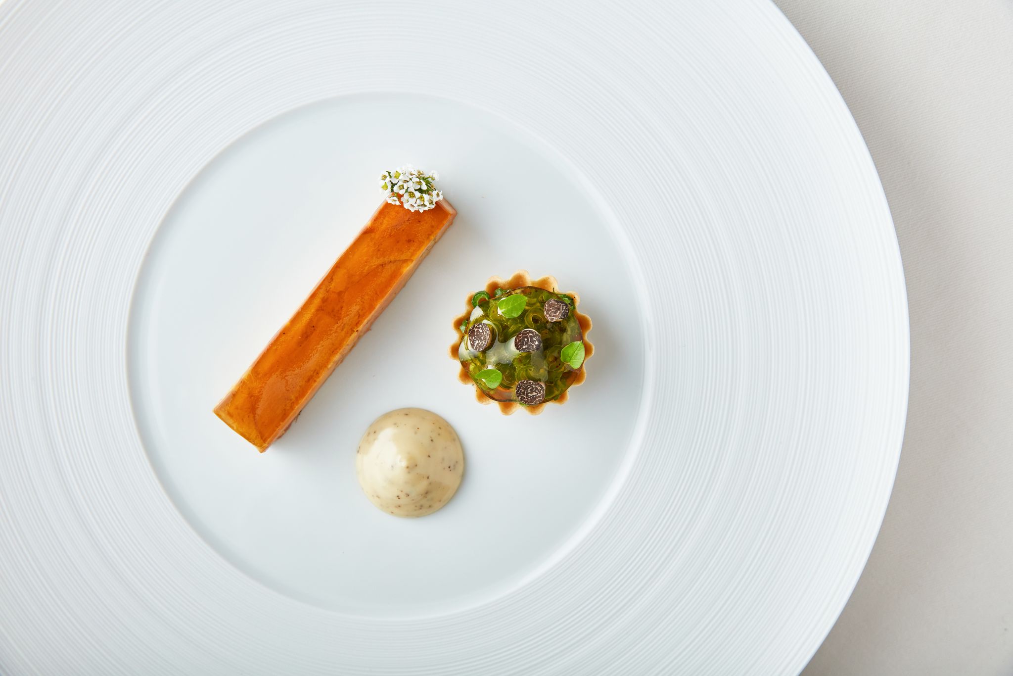 Duck Liver terrine, Maderia Jelly, black truffle mayonnaise, green bean and truffle tartelette