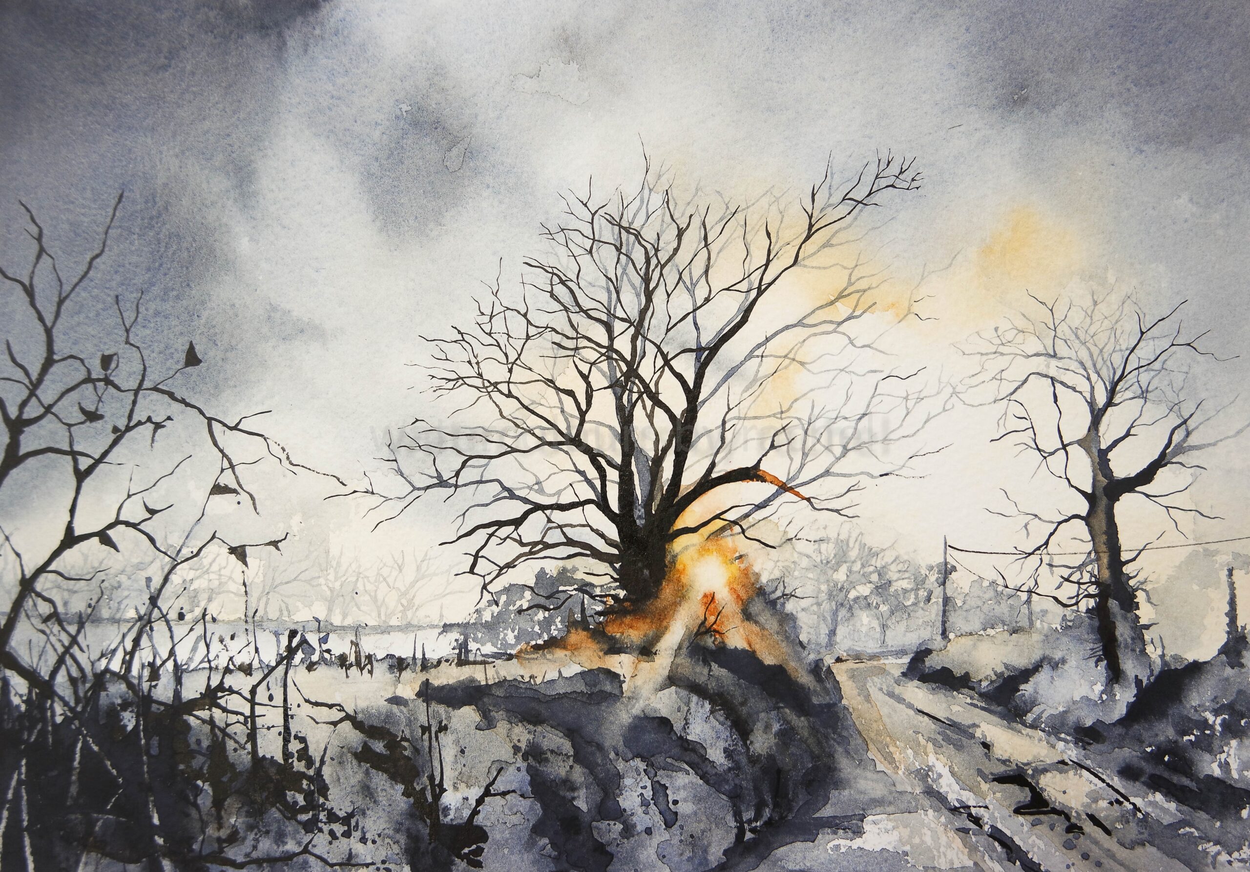 Winter Sky and Sun Watercolour by artist Rachel Toll, with winter sky and golden winter sunlight