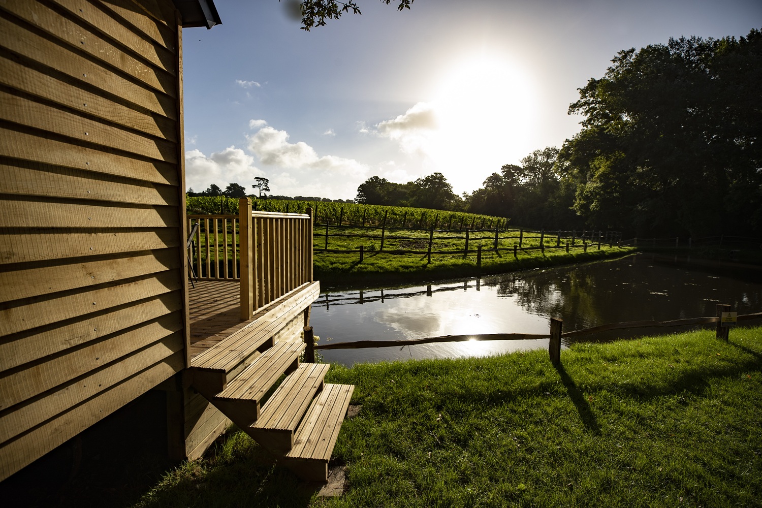 Lympstone Manor shepherd hut overlooking the ponds and vineyard at sunrise
