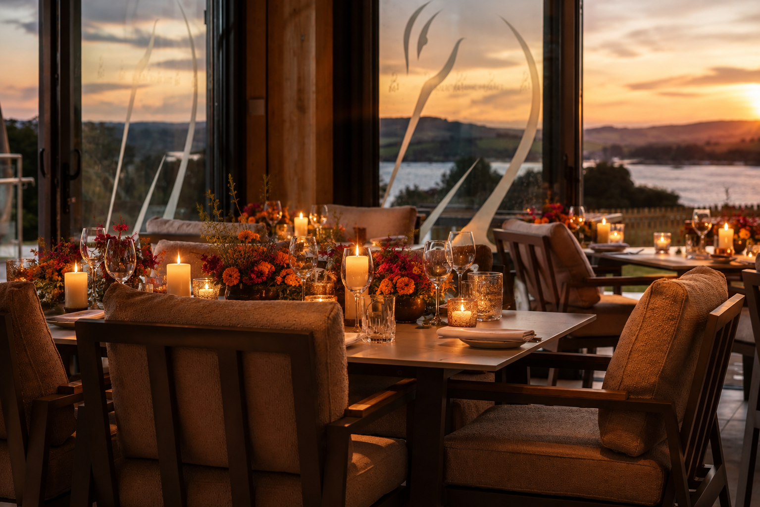 Day of the Dead Supper Club in the Pool House Restaurant showing decorated tables and the estuary at sunset