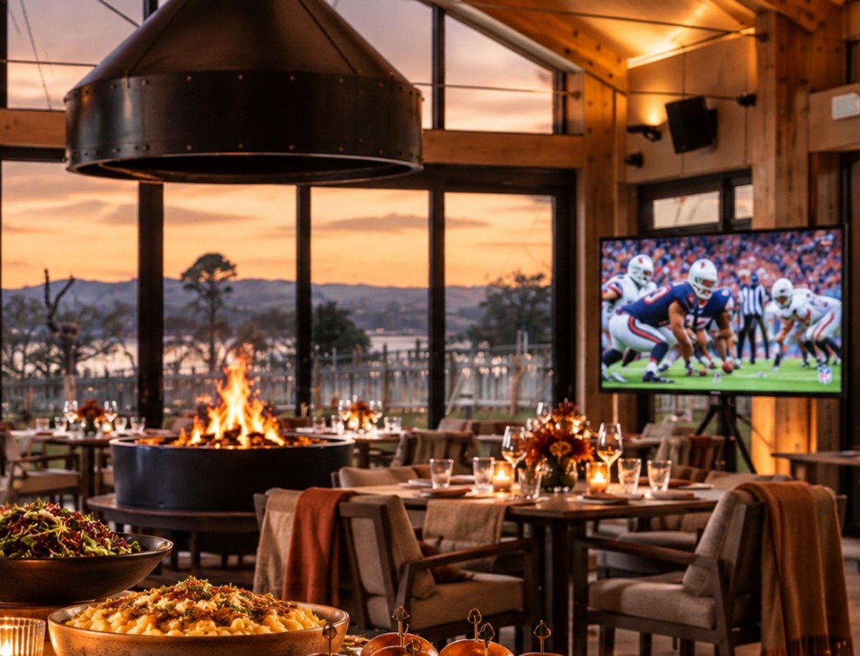 Pool House Restaurant set up for Thanksgiving evening with AFL on the big screen